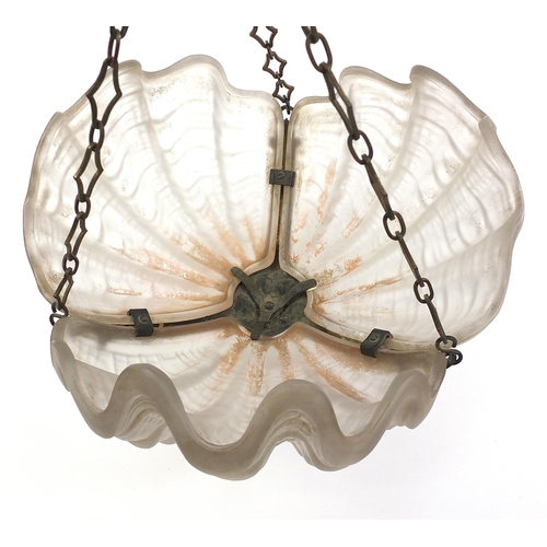 333 - Art Deco frosted glass shell design light pendant with bronze mounts, 32cm in diameter