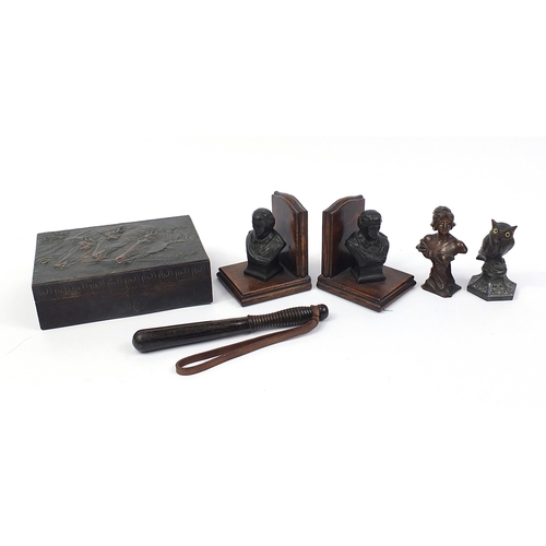 1422 - Sundry items including a pair of oak and spelter Shakespeare bookends, police truncheon and a wooden... 