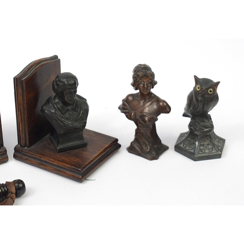 1422 - Sundry items including a pair of oak and spelter Shakespeare bookends, police truncheon and a wooden... 