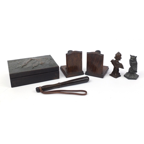 1422 - Sundry items including a pair of oak and spelter Shakespeare bookends, police truncheon and a wooden... 