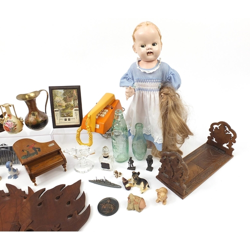 1254 - Sundry items including a vintage telephone, model animals, antique bottles and compact