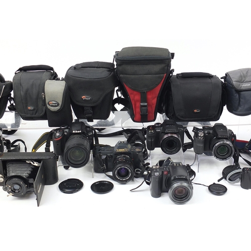 1411 - Antique and later cameras and accessories including Lumix, Canon T70 and Nikon D3200