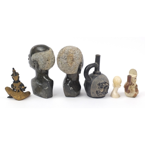 1287 - Middle Eastern items including a Thai bronze deity, Peruvian figural vessel and carved stone busts, ... 