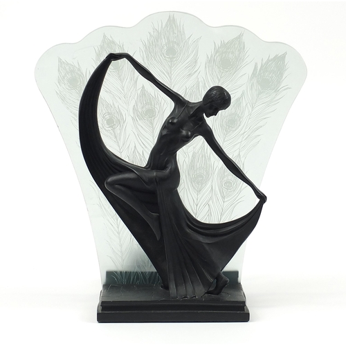 523 - Art Deco design lamp in the form of a female dancer with glass back, 43cm high