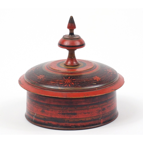 1234 - Indian Kashmir lacquered spice box and cover hand painted with flowers, 24.5cm in diameter