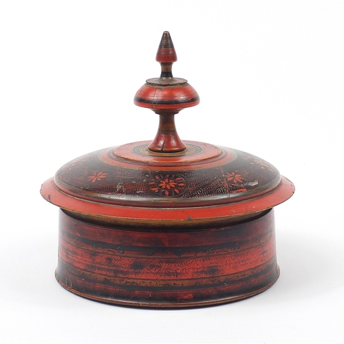 1234 - Indian Kashmir lacquered spice box and cover hand painted with flowers, 24.5cm in diameter