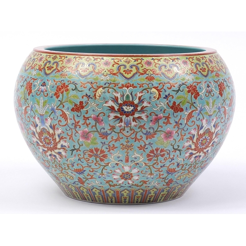 400 - Large Chinese turquoise ground jardiniere finely hand painted in the famille rose palette with flowe... 