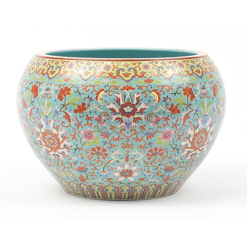 400 - Large Chinese turquoise ground jardiniere finely hand painted in the famille rose palette with flowe... 