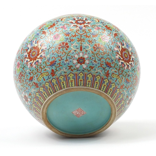 400 - Large Chinese turquoise ground jardiniere finely hand painted in the famille rose palette with flowe... 