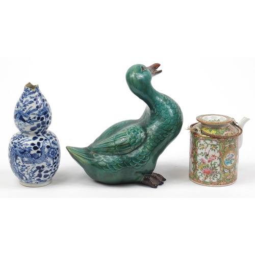 402A - Chinese ceramics including a Canton teapot, green glazed Mandarin duck and blue and white porcelain ... 