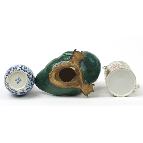 402A - Chinese ceramics including a Canton teapot, green glazed Mandarin duck and blue and white porcelain ... 