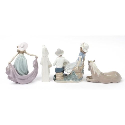 488 - Nao and Lladro to include a horse and a figure group of a young boy and girl, the largest 23cm high