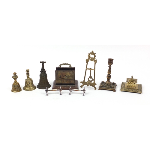 1425 - 19th century and later metalware including three classical bronzed bells, one with Napoleon Bonapart... 