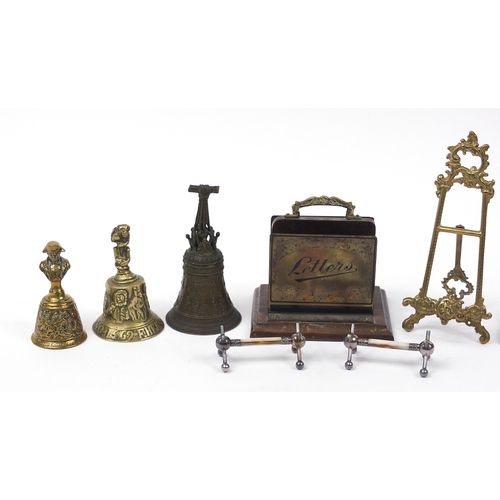 1425 - 19th century and later metalware including three classical bronzed bells, one with Napoleon Bonapart... 