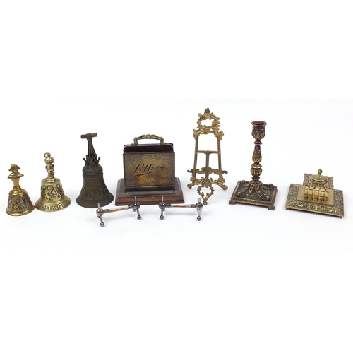 1425 - 19th century and later metalware including three classical bronzed bells, one with Napoleon Bonapart... 