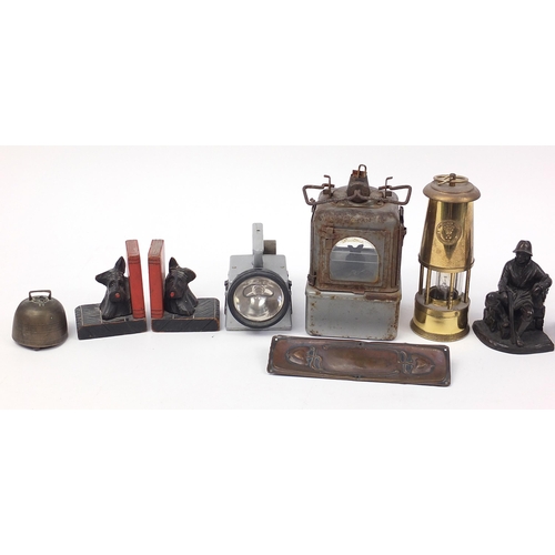 1409 - Sundry items including a miner's lamp, torch, Art Nouveau finger plate and carved wood dog design bo... 