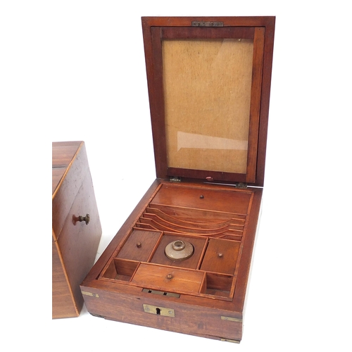 374 - Woodenware comprising rosewood box and a military interest campaign style travelling writing box, th... 