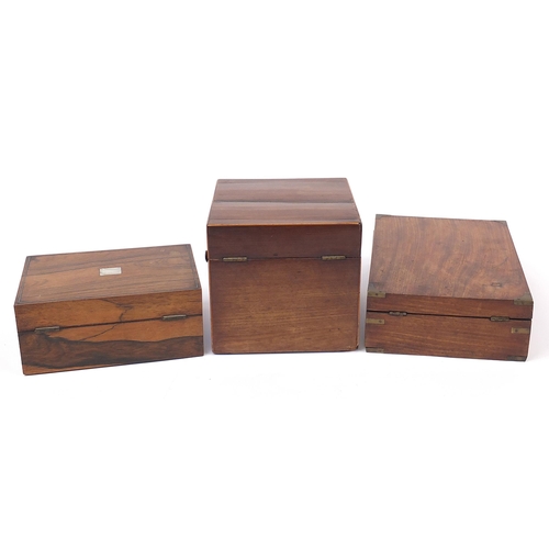 374 - Woodenware comprising rosewood box and a military interest campaign style travelling writing box, th... 