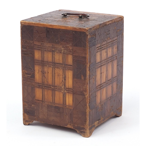 298 - Japanese straw work four drawer table cabinet with carrying handle, 22cm H x 15cm W x 15cm D