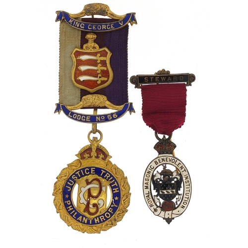 1538 - Two silver and enamel masonic jewels with ribbons comprising Royal Masonic Benevolent Institution an... 