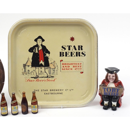 249 - Vintage and later breweriana including Star Brewery Eastbourne wooden plaque, tray and miniature bot... 