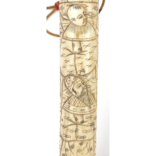 299 - Japanese bone wakizashi carved with figures, 46cm in length