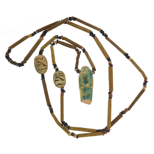 1177 - Egyptian faience glazed bead necklace with scarab beetles and Ushabti pendant, 76cm in length