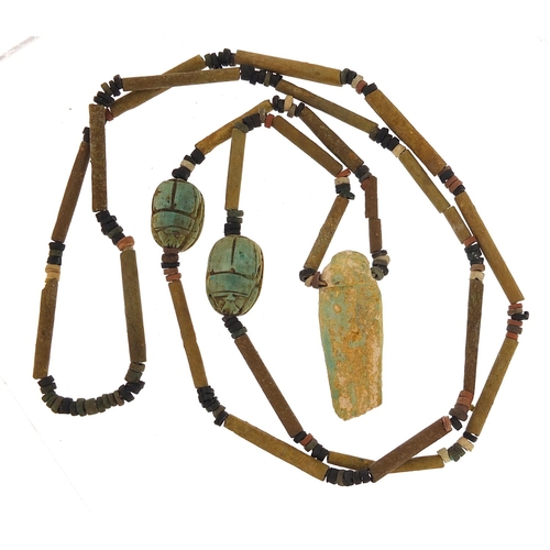 1177 - Egyptian faience glazed bead necklace with scarab beetles and Ushabti pendant, 76cm in length