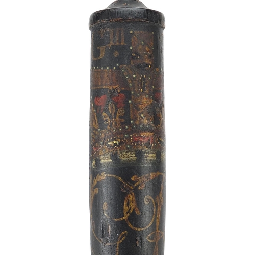 259 - George III ebonised wood truncheon with hand painted crest, 43cm in length