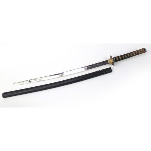 1871 - Japanese steel bladed sword and scabbard with shagreen design grip, 102cm in length