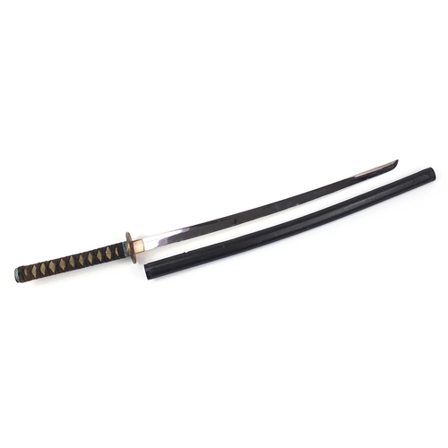 1871 - Japanese steel bladed sword and scabbard with shagreen design grip, 102cm in length