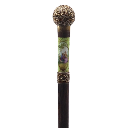 1872 - Walking stick with continental porcelain handle hand painted with figures and gilt metal mounts, 91c... 