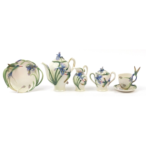 508 - Franz porcelain humming bird tea for one tea service, the teapot 18cm high