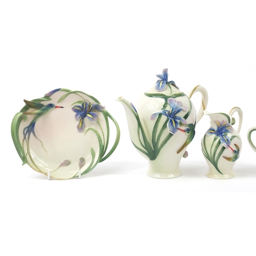 508 - Franz porcelain humming bird tea for one tea service, the teapot 18cm high