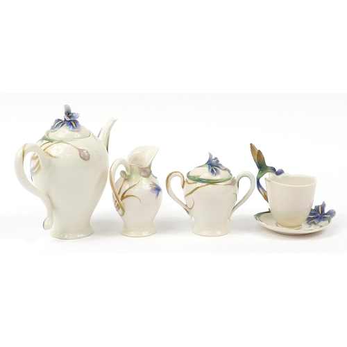 508 - Franz porcelain humming bird tea for one tea service, the teapot 18cm high