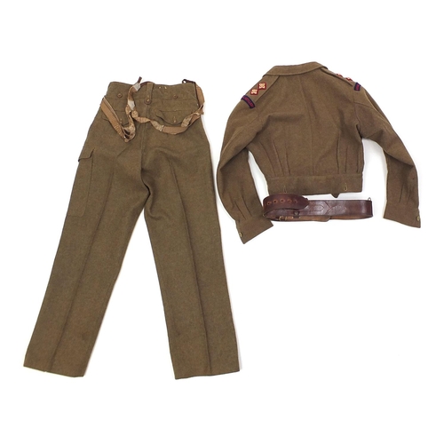 607 - British military interest uniform and leather belt, the jacket and trousers with labels dated 1949