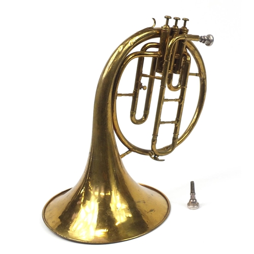 714 - Couesnon & Co, brass French tenor cor with case, 41cm high