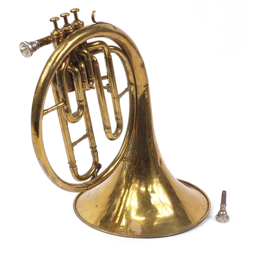 714 - Couesnon & Co, brass French tenor cor with case, 41cm high