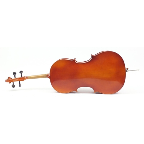 713 - Wooden half size cello with case, the back 78cm in length