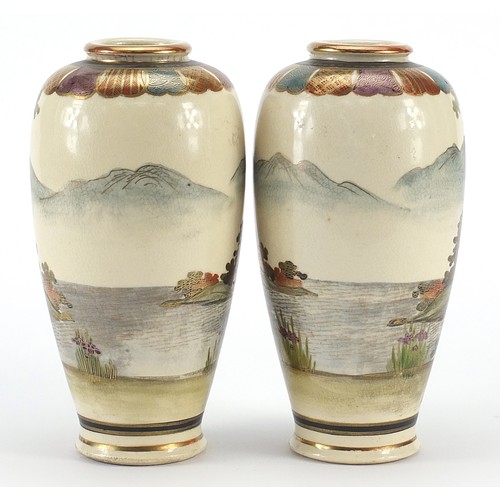 302A - Pair of Japanese Satsuma pottery vases hand painted with Geishas in landscapes, character marks to t... 