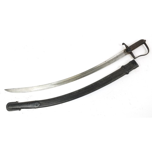 624 - Military interest sabre with leather scabbard and steel blade impressed A D F I and Co SIALKOT, 98cm... 