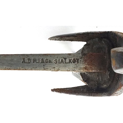 624 - Military interest sabre with leather scabbard and steel blade impressed A D F I and Co SIALKOT, 98cm... 