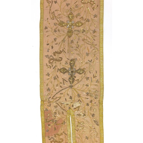 453 - Antique Greek Orthodox priest's gold braided silk apron embroidered with crosses and flowers, 134cm ... 