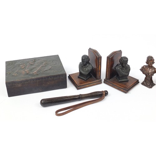 1422 - Sundry items including a pair of oak and spelter Shakespeare bookends, police truncheon and a wooden... 