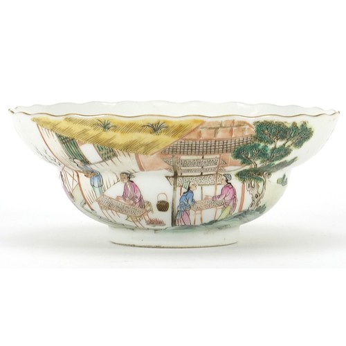 398 - Chinese porcelain bowl finely hand painted in the famille rose palette with figures in a palace sett... 