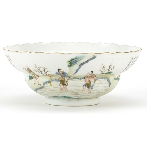 398 - Chinese porcelain bowl finely hand painted in the famille rose palette with figures in a palace sett... 