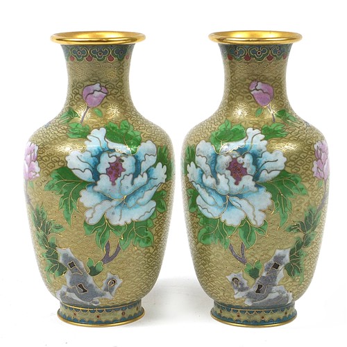 1230 - Pair of Chinese cloisonne vases, each enamelled with a butterfly amongst flowers, 21cm high