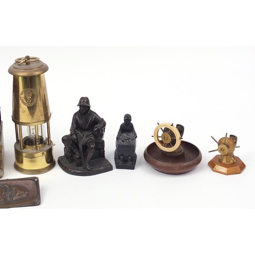 1409 - Sundry items including a miner's lamp, torch, Art Nouveau finger plate and carved wood dog design bo... 