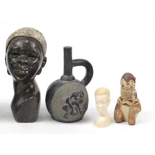 1287 - Middle Eastern items including a Thai bronze deity, Peruvian figural vessel and carved stone busts, ... 