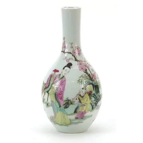 293 - Chinese porcelain vase hand painted in the famille rose palette with two figures and deer amongst ch... 